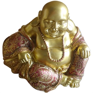 Buddha Happy figur BUD292 guldfarvet polyresin med rødt stof h22cm - Se flere Happy Buddha figurer